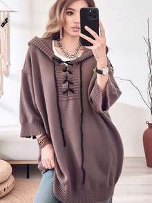Women's Plus Size Casual Minimalist Knit Hoodie Pullover Sweater, 3/4 Drop Shoulder Sleeves With Drawstring, Autumn Daily Commute Wear Fall - Coffee Brown - View 3