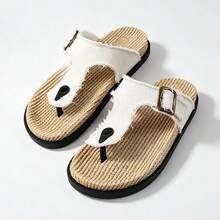 Men's Frayed Edge Adjustable Buckle Thong Flip Flops, Vintage Slouchy Summer Daily Beach Casual Flat Sandals - White - View 12