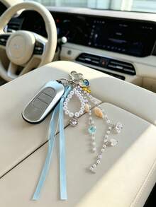 Vigour Summer Coastal Ocean Theme Faux Pearl Beaded Keychain, Natural Shell & Conch Bag Charm With Light Blue Ribbon, Heart-Shaped Carabiner Backpack Pendant, Gift - Multicolor - View 9