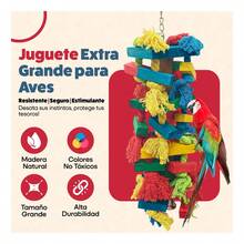 Juguete de Madera para Aves Grandes, Accesorio para Pericos, Loros y Guacamayos, Juguete para Jaula con Espacio para Trepar, Morder, Balancearse y Jugar, Ideal para Mantener a las Aves Activas y Entretenidas, Resistente, Natural,  y Fácil de Instalar - Multicolor - Ver 2