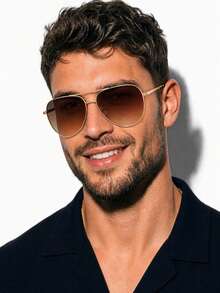 1 Pair Fashion Men's Classic Aviator Sunglasses Metal Frame Large Frame Dark Lens For Vacation And Travel - Gold - View 2