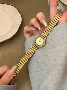 1件金色錶帶休閒竹紋時尚女款石英手錶，金色適合日常佩戴，復古情侶風，最佳禮物 - 金色 - 查看 2
