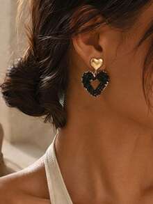 1pc Luxury Fashion Personalized Hollow Handmade Woven Artificial Crystal Heart Pendant Earrings, Suitable For Women's Daily, Vacation, Party, Wedding Season Gift - Black - View 3