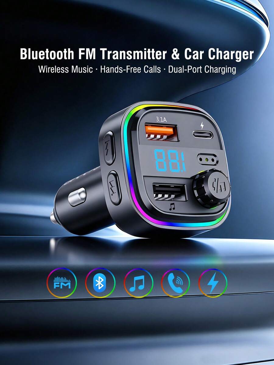 REMAX Bluetooth Car Charger With RGB Ambient Light; 3-Port Fast Charging; USB-C Charger; Built-In Microphone For Music/Call/Navigation; Bluetooth 5.3 Auto Reconnect; Dual Bluetooth/USB Mode; Essential Car Accessory