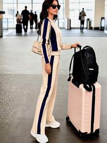 Women's Autumn Colorblock Striped 2 Pieces Set, Elegant Round Neck Top With Elastic Drawstring Side Stripe Wide Leg Pants, Suitable For Office Commute And Daily Wear - Apricot - View 3