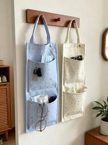 1pc Star Print Hanging Storage Bag, Cute Casual Fabric Rectangular Wall Hanging Organizer, Multi-Layer Pockets With Top Handle, Space-Saving Foldable Storage Bag, Door Hanging Storage Basket, Suitable For Bedroom, Closet, Dorm, Home Daily Miscellaneous Items Storage - Multicolor - View 3