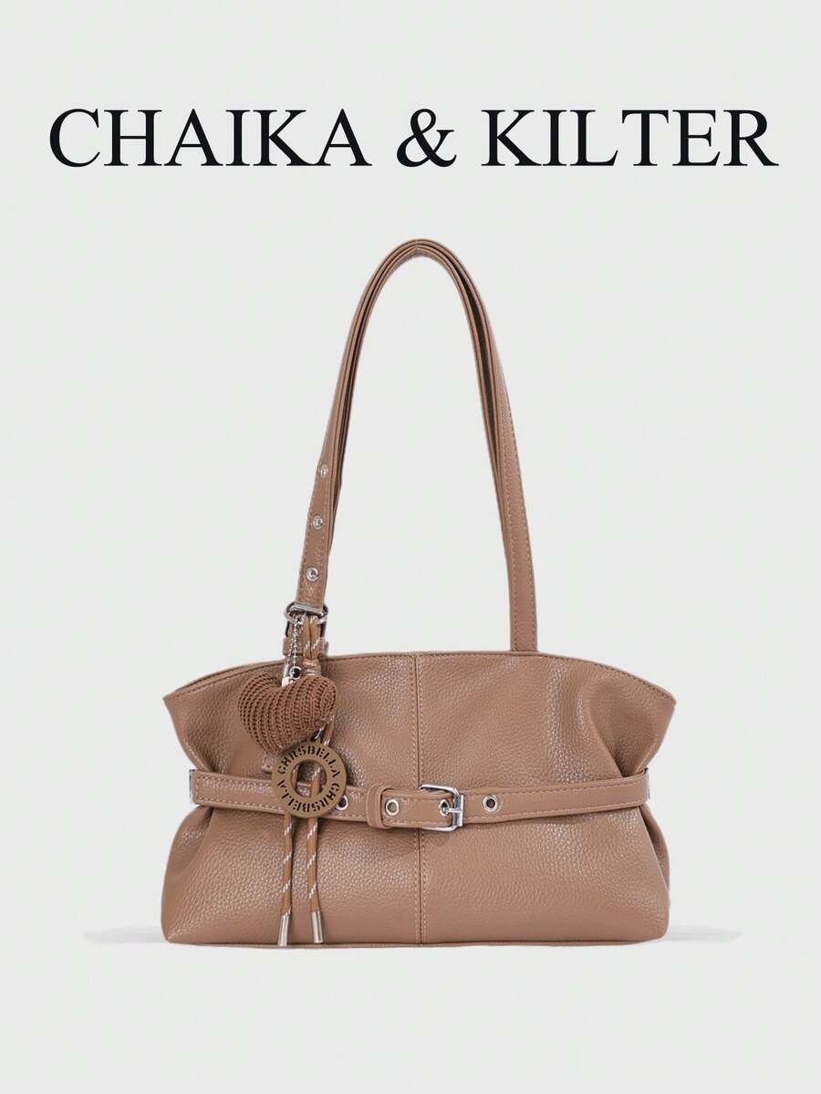 CHAIKA & KILTER 1pc Solid Color PU Fabric Tote Bag, Women's Vintage Fashion Shoulder Tote Bag, Dual Handle Design, Zipper Closure, Strap Decoration, Suitable For Daily And Outing Use (Sold With Pendant)