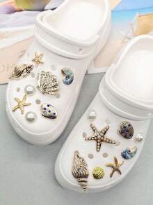 16pcs Gold Ocean Starfish Shell Resin Shoe Charms Shiny Rhinestone Scallop Shell Clogs Buckle DIY Decoration Faux Pearl Shoe Clips Accessories - Multicolor 16PCS Style No.267 - View 11