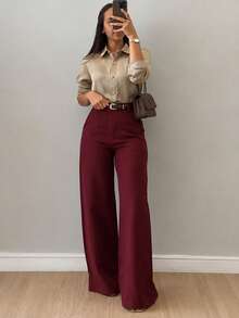 Women's Tailored Wide Leg Trousers With Button And Zipper - 酒紅色 - 查看 4