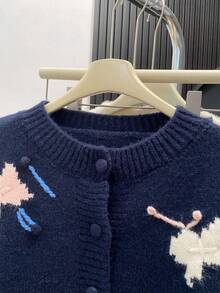 Women's Navy Blue Pom Pom Bow Knit Cardigan, Button Front Sweater Jacket, Suitable For Coffee Date, Autumn/Winter, Halloween, Thanksgiving, Christmas - Navy Blue - View 8