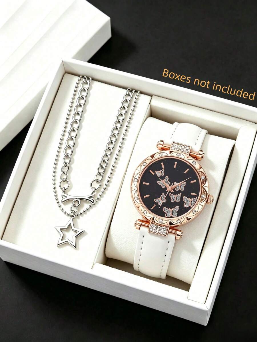 2Pcs/Set Sweet & Cool Style Women's Watch + Rhinestone Leather Strap Quartz Wristwatch, Holiday Birthday Gift Accessory, Suitable For Qixi, Valentine's Day, Christmas, Birthday Party, Anniversary, Thanksgiving Gift Giving. - Multicolor - View 1