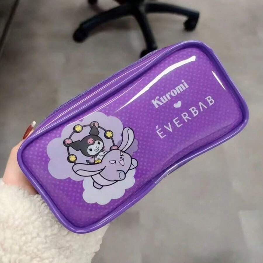 SANRIO 1pc Minimalist Purple Double Zipper Pencil Case, Large Capacity Storage Pencil Pouch, Waterproof Wear-Resistant Student Stationery Box, Clear Visible Desktop Organizer Bag, Cute Artistic Creative Gift Stationery - One Size - View 1