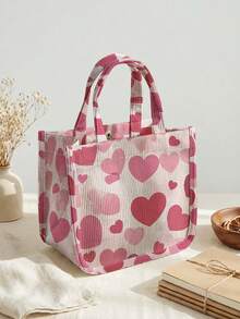 1pc Love Print Corduroy Tote Bag, Snap Button Closure Cute Handbag, Reusable Lunch Tote Bag For Student School Daily Outdoor Shopping Use - Multicolor - View 2