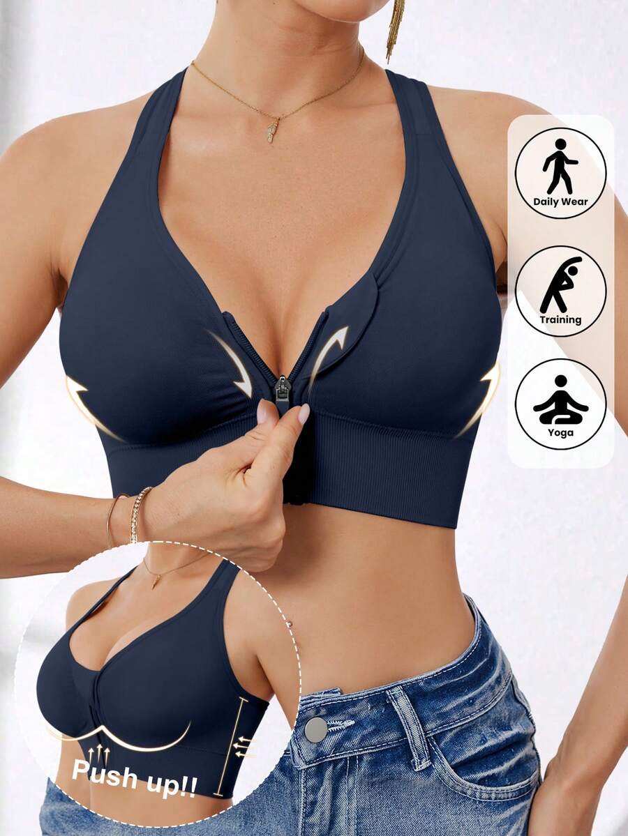 Women High Impact Front Zip Seamless Wireless Sports Bra, Suitable For Spring, Summer, Autumn And Winter - Royal Blue - View 1