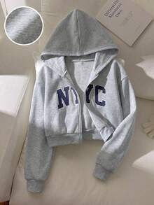 1pc Young Girls New Letter Print Zip-Up Hooded Jacket Cute Casual Children's Sweatshirt - Light Grey - View 4
