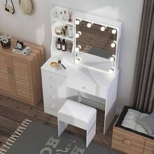 Teousev Dressing Table With LED Lights Mirror & Stool, Vanity Makeup Table With 5 Drawers, Open Storage Shelves, 3 Colour Adjustable Light, Lockable Drawers, White Cosmetic Desk For Bedroom - White - View 5