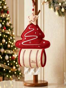 1PC Red Green Christmas Tree Pattern Hanging Tissue Holder, Festive Cute Corduroy Fabric Tree‑Shaped Tissue Dispenser, Star Embroidery With Hanging Loop, Space‑Saving Wall‑Mount Tissue Pouch For Xmas Home Living Room Christmas Party Decor Use - Multicolor - View 4