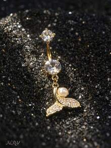 4Pcs Y2K Mermaid Tail Stainless Steel Belly Button Ring, Inlaid Zirconia Pearl Dangle Belly Piercings Jewelry For Women, Daily Wear Party Holiday Gift - Multicolor - View 9