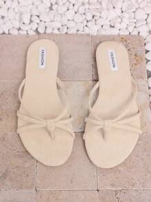 Sommerliche cremefarbene Wildleder-Zehentrenner mit Knoten, weiche Sohle, vielseitige Strandsandalen für Damen mit sanfter Ausstrahlung - Aprikosenfarben - Übersicht 8