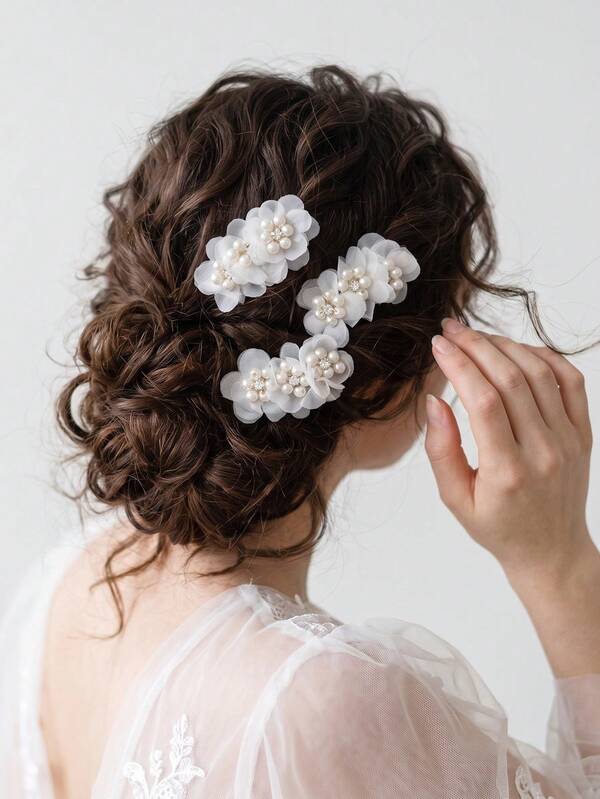 3pcs Chiffon Mesh Pearl Rhinestone Alligator Hair Clips For Women, Soft 3D Floral Spring Hair Clips, Bridal Wedding Atmosphere Updo Accessories, Gentle Style 3D Chiffon White Flower Hair Clips, 3pcs Faux Pearl Rhinestone Metal Spring Alligator Hair Clips, New Chinese Style Wedding Daily Updo Side Hair Accessories