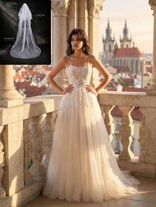 Summer Spaghetti Strap V-Neck Lace Embroidered Contrast Color Ivory Long Wedding Dress With Cathedral Wedding Veil Bridal Long Veil - Beige - View 1