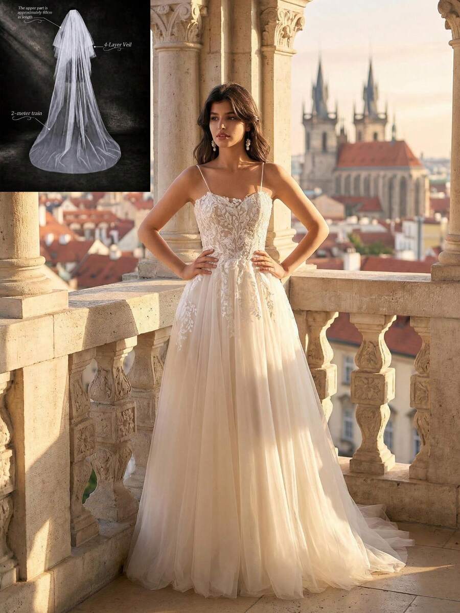 Summer Spaghetti Strap V-Neck Lace Embroidered Contrast Color Ivory Long Wedding Dress With Cathedral Wedding Veil Bridal Long Veil - Beige - View 1