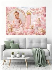 Customizable Photo & Name Pink Blue 1st Birthday Backdrop, Brown Teddy Bear, Gift Box, Bow, Floral, Cake, Heart Balloon Design, Cake Table Background, Vinyl, Party Supplies - Type C - View 8