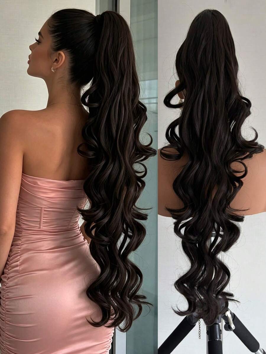 32 Inch Long Wavy Ponytail Wig, Synthetic Fiber Heat-Resistant Clip-In Wavy Ponytail Wig, Suitable For Women, Halloween - Coffee Brown - View 1