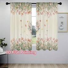2pcs/ 1pc Kitchen Curtain Set,Watercolor Pink Tulip Floral Wreath Green Foliage Border Pattern Printed Curtain Combination,2D Flat Print,Suitable For Kitchen,Restaurant,Home Decoration,Curtain Decoration Curtains + Window Curtain - Multicolor - View 9