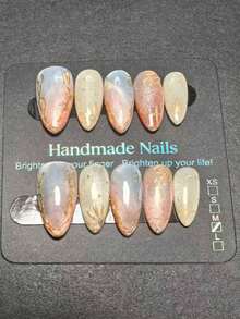 10pcs Luxury Almond Shape Wearable False Nails, Nude Pink & Gold Cat Eye Gradient, Hand-Painted Gold Line Star Glitter, Reusable Nail Tips, Suitable For Teen Girls & Women, Summer Beach Vacation, Graduation Ceremony, Halloween Cosplay - Multicolor - View 1
