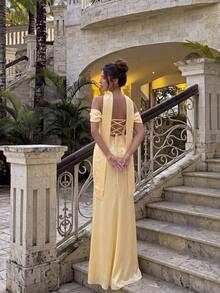 Basrey Women's Elegant Cream Yellow Long Cocktail Dress, Strapless Backless Design With Pleats And Tie Details, Suitable For Evening Gown, Formal Occasions And Weddings - Creamy Yellow - View 3