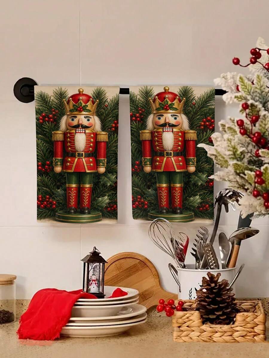 2pcs/4pcs Vintage Christmas Crown Nutcracker Kitchen Towels, Holly Berry Pine Branch Nutcracker King Print, Country Style Christmas Hand Towels, Kitchen Baking Decorative Towels - Multicolor - View 1