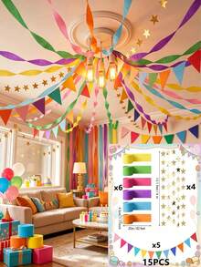 Rainbow Party Decoration Set, Includes Colorful Crepe Paper Banner, Gold Star Garland Backdrop And Flags, Suitable For Wedding Party, Luxury Birthday Party Hanging Decoration - Multicolor - View 9