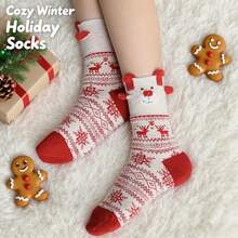 1/3/6/12 Pairs Women's Red Mid-Calf Socks, Printed With Santa Claus, Snowman And Reindeer Patterns, Suitable For Matching Christmas Outfits - Multicolor - View 4