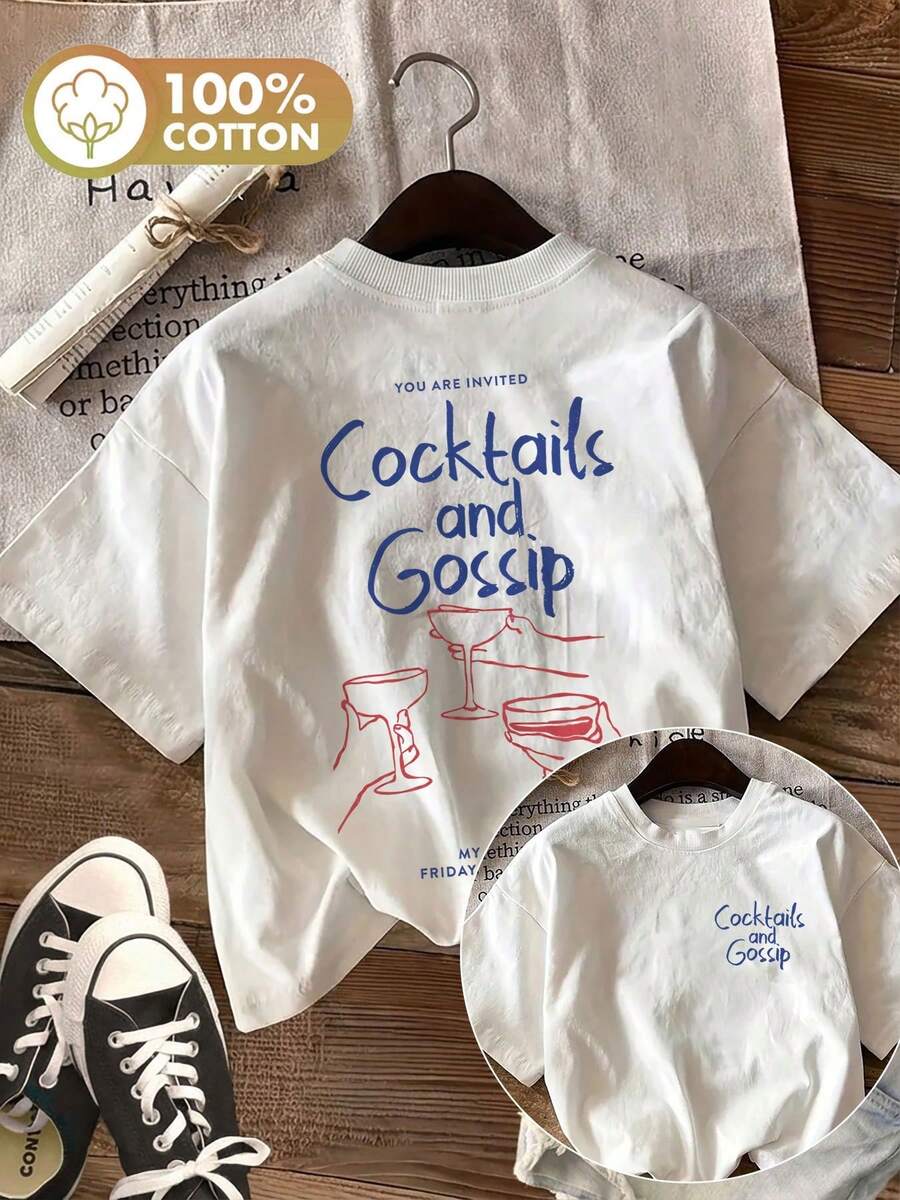 [Impresión a Doble Cara] Top de Moda para Mujer, Ropa de Verano para Mujer, Estilo Sencillo, Estampado de Copas de Vino y Cócteles, Cuello Redondo, Camiseta de Manga Corta. - Blanco - Ver 1