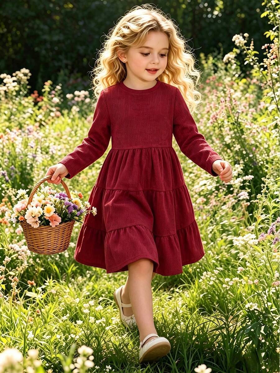 Girls' Spring/Autumn Long Sleeve Dress Single Piece (Accessories Not Included) Burgundy Corduroy Vertical Ribbed Texture Fabric, Suitable For Family Outings, Holiday Gatherings, Daily Wear, Gentle French Style Princess Dress - Red - View 1