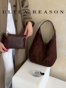 1pc Solid Color Large Capacity Suede Shoulder Bag, Tote Bag, Handbag, Autumn/Winter New Style, Casual Vintage, Smooth Fabric Feel, Magnetic Closure, Suitable For Commuting, Work, Dating - Coffee - View 4