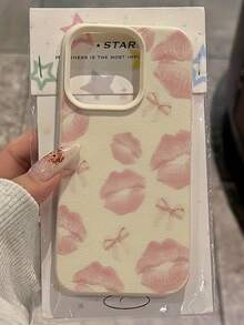 1pc White Matte Minimalist Lens Protection Pink Lips & Bow Pattern Phone Case, Personalized Compatible With Iphone 16 Pro Max/17/16/15/14 Plus/13/12/11/Air And Series - Multicolor - View 2
