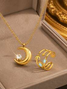 VceTd 3PCS Minimalist Fashion Style Stainless Steel Pendant Necklace With Moon Charm And Colorful Enamel Open Ring Jewelry Set For Women, Suitable For Evening Wear - Yellow Gold - View 4
