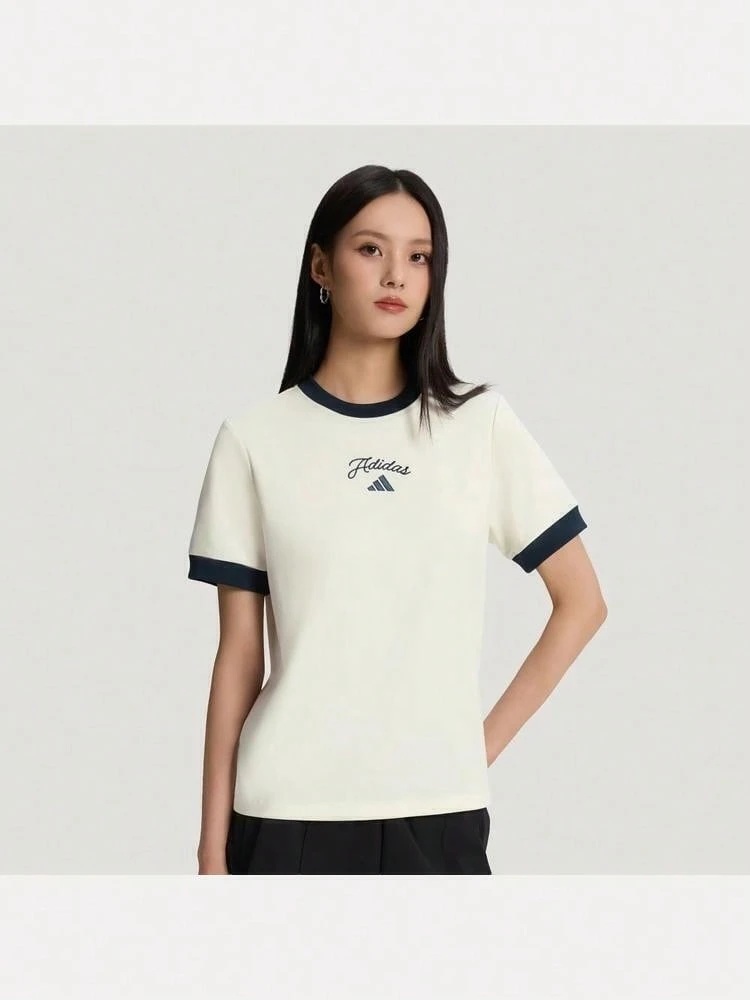 Adidas Women's FAV SS TEE 4 Short Sleeve Knit Collarless T-Shirt TKZ1583 - Beige - View 1