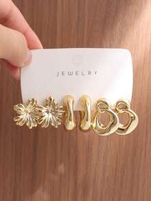 6/18PCS Fashionable Elegant Floral Geometric Texture Metallic Earring Set Suitable For Party, Banquet, Travel, Wedding, Vacation, Daily Wear Jewelry Gift (Lightweight ABS Material, Non-Fading) - Gold - View 2