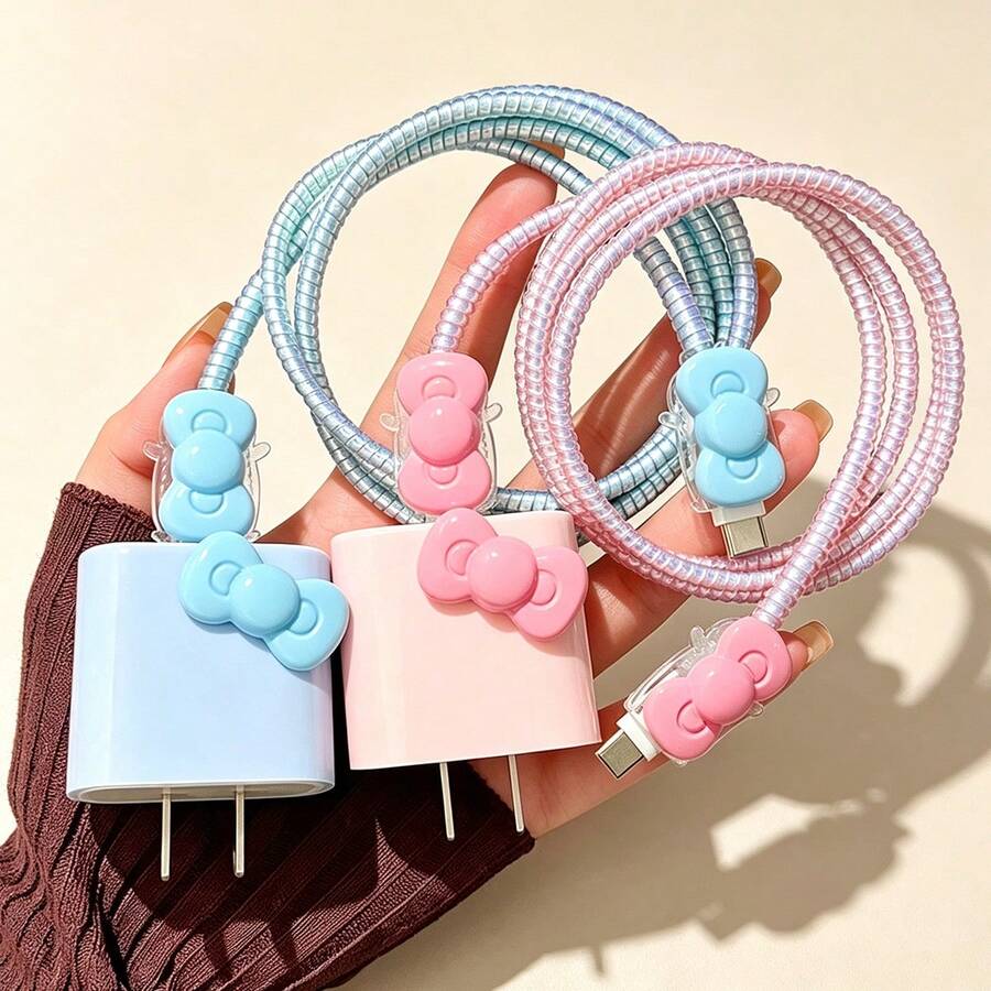 SANRIO 1 Set Bowknot Charger Protective Case Compatible With Apple Laser Gradient Data Cable Protective Rope Set Cute Girly Style Anti-Breakage Cable Organizer - Multicolor - View 1
