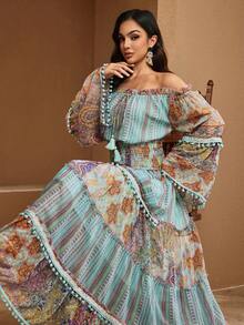 Women's Bohemian Style Printed Dress, Off-Shoulder Long Sleeve, Ruffle Trim, Elegant Elegant - Multicolor - View 6