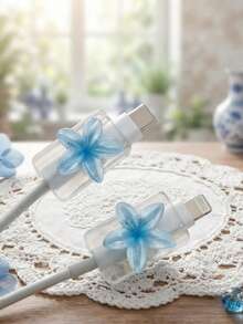 2PCS 3D Cute Plumeria Data Cable Protector, Transparent Crystal Flower Charging Cable Protector Anti-Breakage, Resin Material, No Battery Required, Suitable For Type-C - 2pcs Blue Frangipani - View 12
