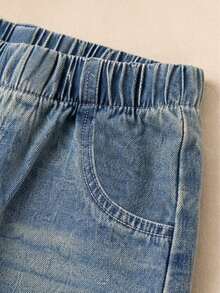 1pc Tween Girl Cargo Loose Straight Wide Leg Denim Jeans With Large Pockets, Outdoor Fashion Versatile - Medium Wash - View 3