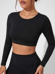 1PC Black Cross Hollow Back Short Long Sleeve Women's U Neck Slim Fit Fitness Top - Black - View 4