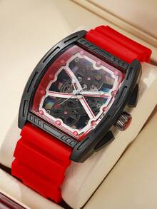 Men's Silicone Watch Classic Fashion Barrel-Shaped Personalized Gear Dial Handsome Sports Quartz Wristwatch (1pc/Set) Watch Box Not Included - Red - View 1