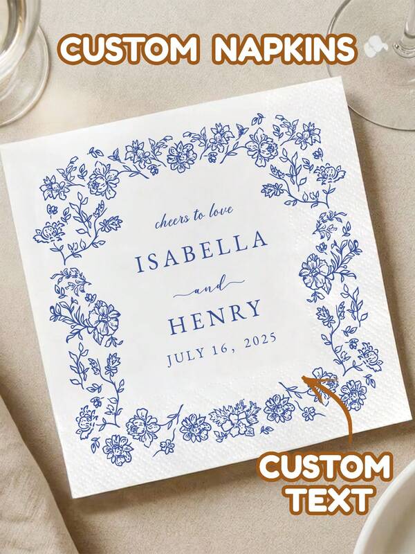 15–500 Stück personalisierte Hochzeitsservietten, 3-lagige personalisierte Partyservietten, klarer Druck, perfekte Partydekoration für Hochzeit, Jahrestagsparty, Brautparty, Verlobung, ideale Einwegservietten für Paare, Liebhaber, Familien, personalisierte Cocktailservietten