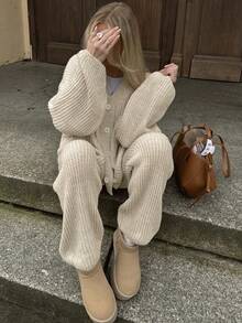 2pcs Women's Casual Knit Cardigan Sweater And Flare Pants Set, Slightly Stretchy, Warm And Comfortable, Autumn Fall - Apricot - View 4