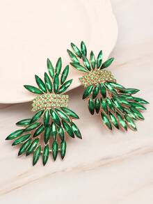 1 Pair Exaggerated Luxury Crystal Leaf Wedding Earrings, Fashionable Elegant Women's Jewelry Gift - Green - View 2